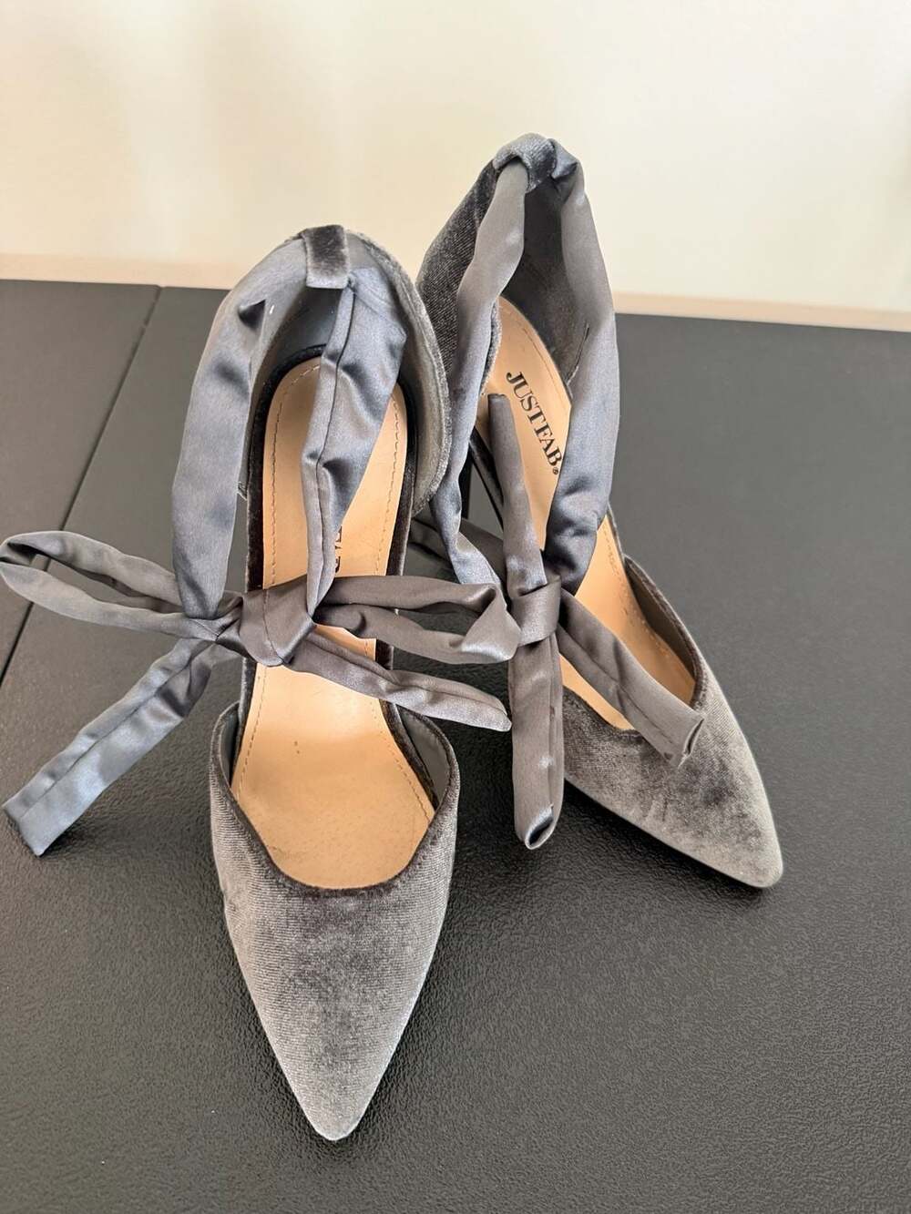 JustFab Cosette Grey Velvet Ribbon Tie Stiletto Heels Pumps Size US 8